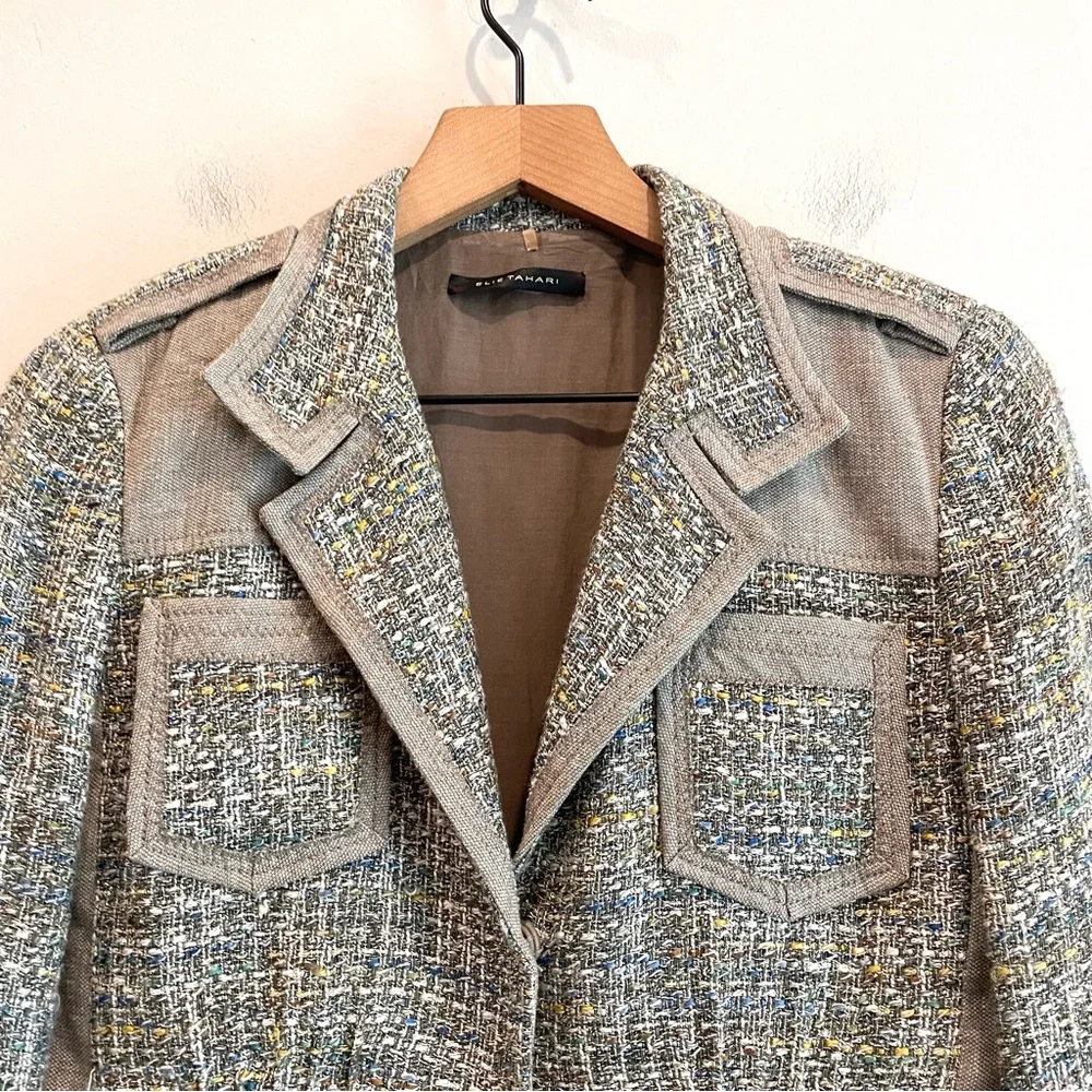 Elie Tahari 2 PC Linen Blend Tweed Blazer Pants Suit Set - Picture 3 of 16